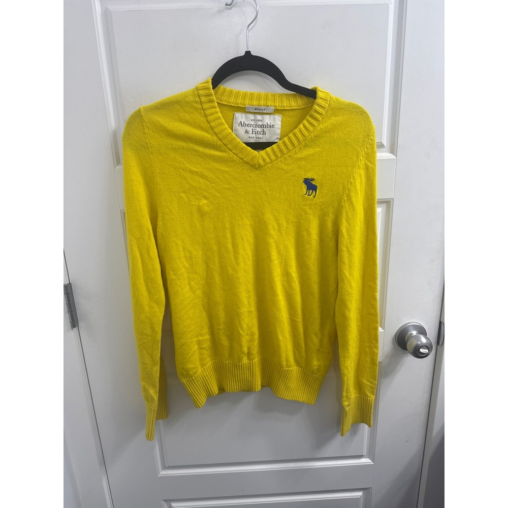 Abercrombie & Fitch Womens Yellow V-Neck Muscle Fit Moose Logo Sweater Small